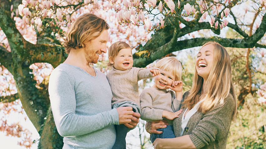 A family of four standing outdoors under a blooming tree with pink flowers. Two adults each hold a child, enjoying a sunny day in a natural setting.